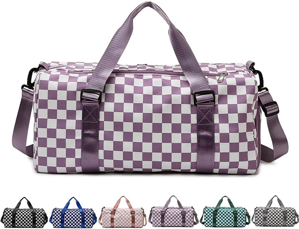Checkered Gym Bag with Shoes Compartment & Wet Pocket, Sports Duffel Bags for Women/Men, Travel Overnight Bag Weekend Bag, Dance Bag for Girls, purple, Sports Bags