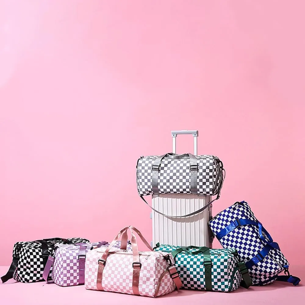 Checkered Gym Bag with Shoes Compartment & Wet Pocket, Sports Duffel Bags for Women/Men, Travel Overnight Bag Weekend Bag, Dance Bag for Girls, purple, Sports Bags