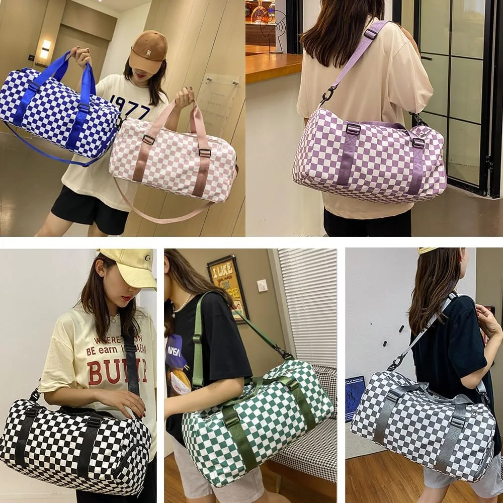 Checkered Gym Bag with Shoes Compartment & Wet Pocket, Sports Duffel Bags for Women/Men, Travel Overnight Bag Weekend Bag, Dance Bag for Girls, purple, Sports Bags
