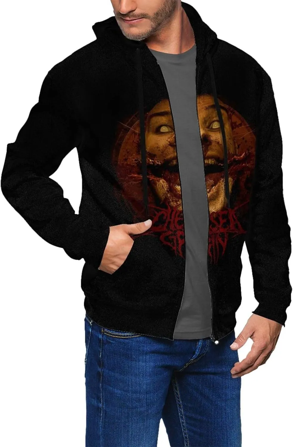 Chelsea Music Grin Band Full Zip Hoodie Men'S Casual Sweatshirt Long Sleeve With Pocket Pullover Hooded