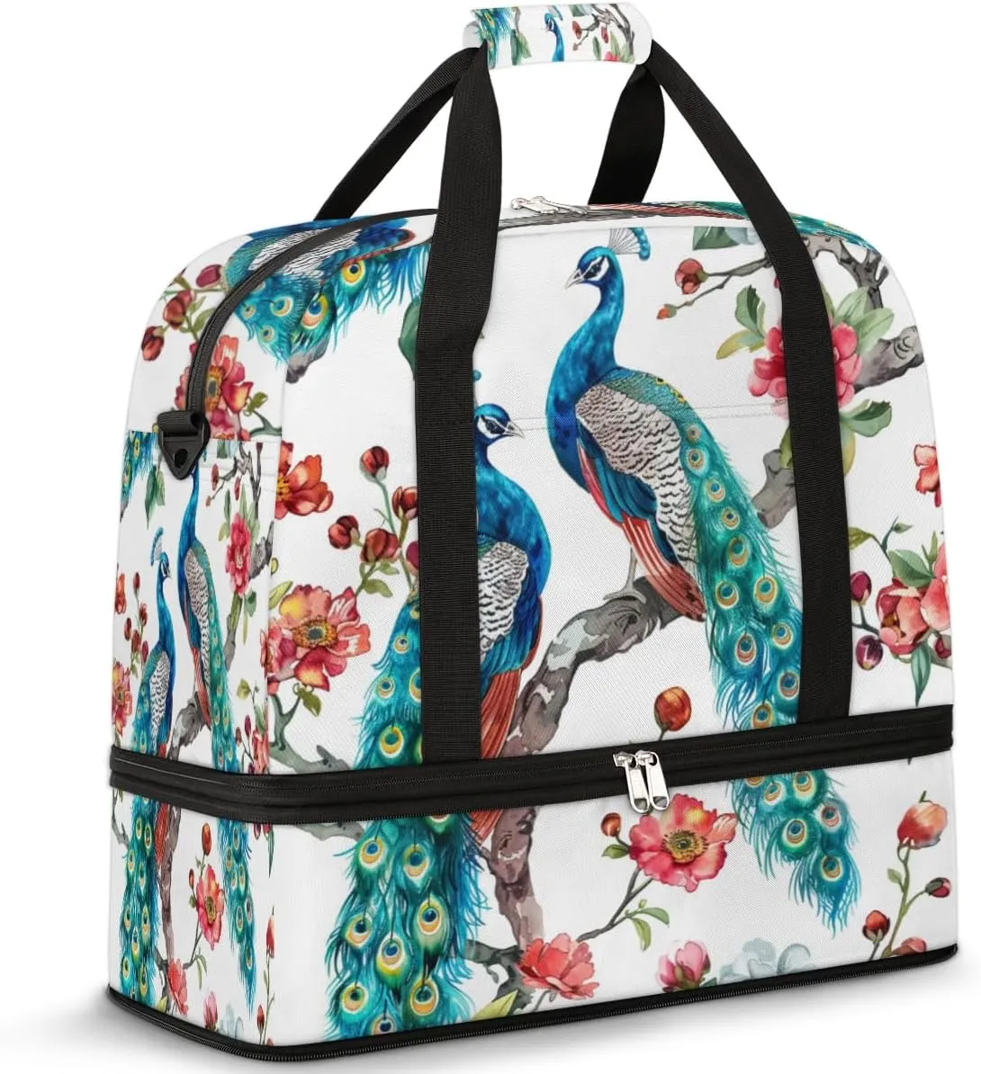 Cherry Tree Peacock Travel Duffel Bag for Women Men, Peacock Artwork Sports Gym Bag with Shoes Compartment Foldable Overnight Bag Weekender Tote Workout Carry On Luggage Bag
