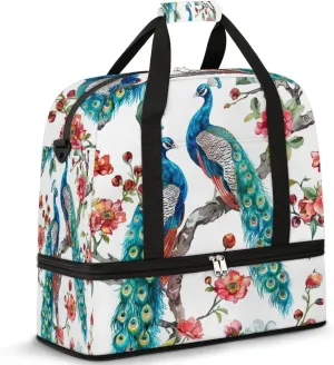 Cherry Tree Peacock Travel Duffel Bag for Women Men, Peacock Artwork Sports Gym Bag with Shoes Compartment Foldable Overnight Bag Weekender Tote Workout Carry On Luggage Bag