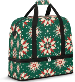 Christmas Green Red Snowflakes Travel Duffel Bag for Women Men, Sports Gym Bag with Shoes Compartment Foldable Overnight Bag Weekender Tote Workout Carry On Luggage Bag