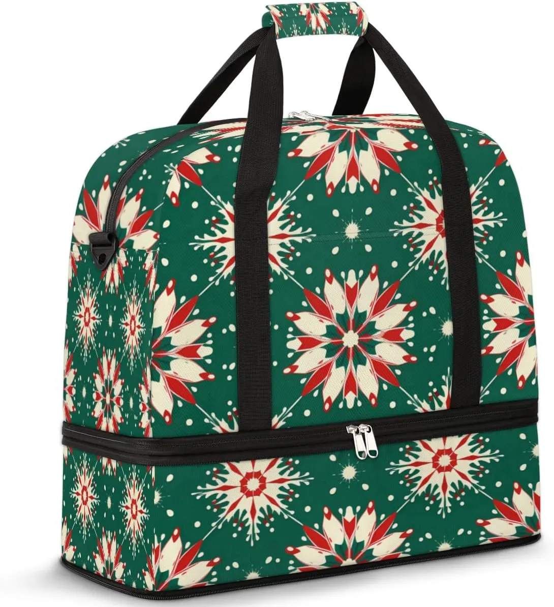 Christmas Green Red Snowflakes Travel Duffel Bag for Women Men, Sports Gym Bag with Shoes Compartment Foldable Overnight Bag Weekender Tote Workout Carry On Luggage Bag