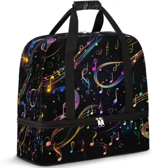 Colorful Music Note Travel Duffel Bag for Women Men, Musical Notes Sports Gym Bag with Shoes Compartment Foldable Overnight Bag Weekender Tote Workout Carry On Luggage Bag