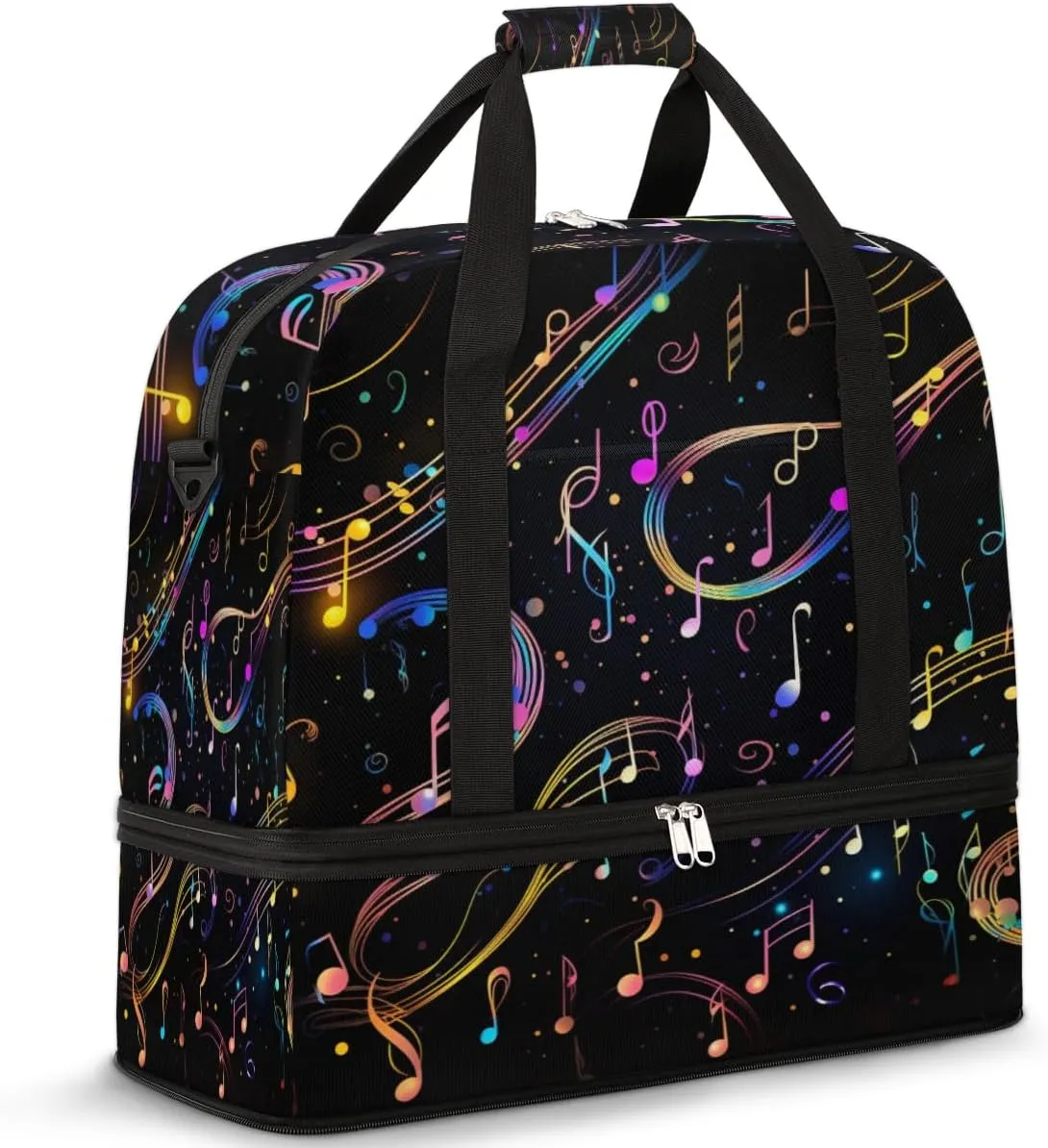 Colorful Music Note Travel Duffel Bag for Women Men, Musical Notes Sports Gym Bag with Shoes Compartment Foldable Overnight Bag Weekender Tote Workout Carry On Luggage Bag