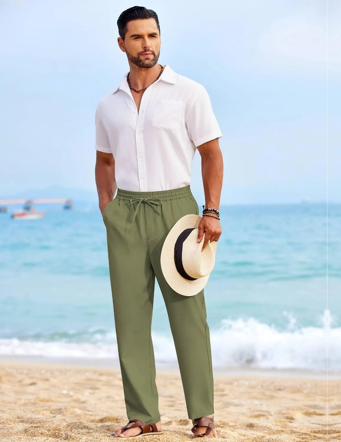 COOFANDY Mens Casual Elastic Waist Pants Drawstring Summer Beach Pant Lightweight Stretch Linen Trouser