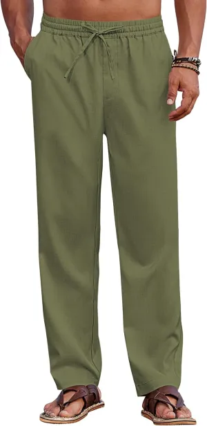 COOFANDY Mens Casual Elastic Waist Pants Drawstring Summer Beach Pant Lightweight Stretch Linen Trouser