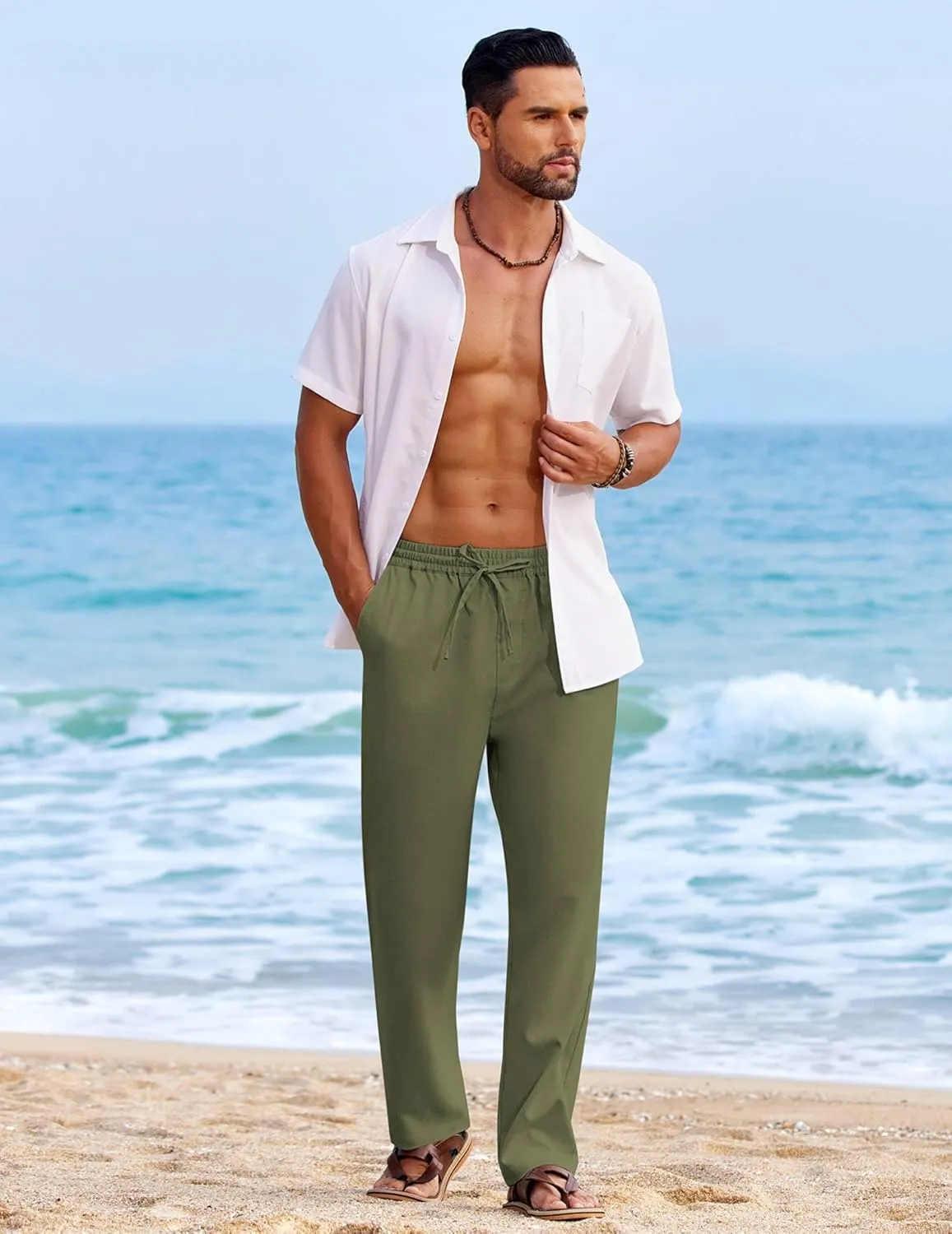 COOFANDY Mens Casual Elastic Waist Pants Drawstring Summer Beach Pant Lightweight Stretch Linen Trouser