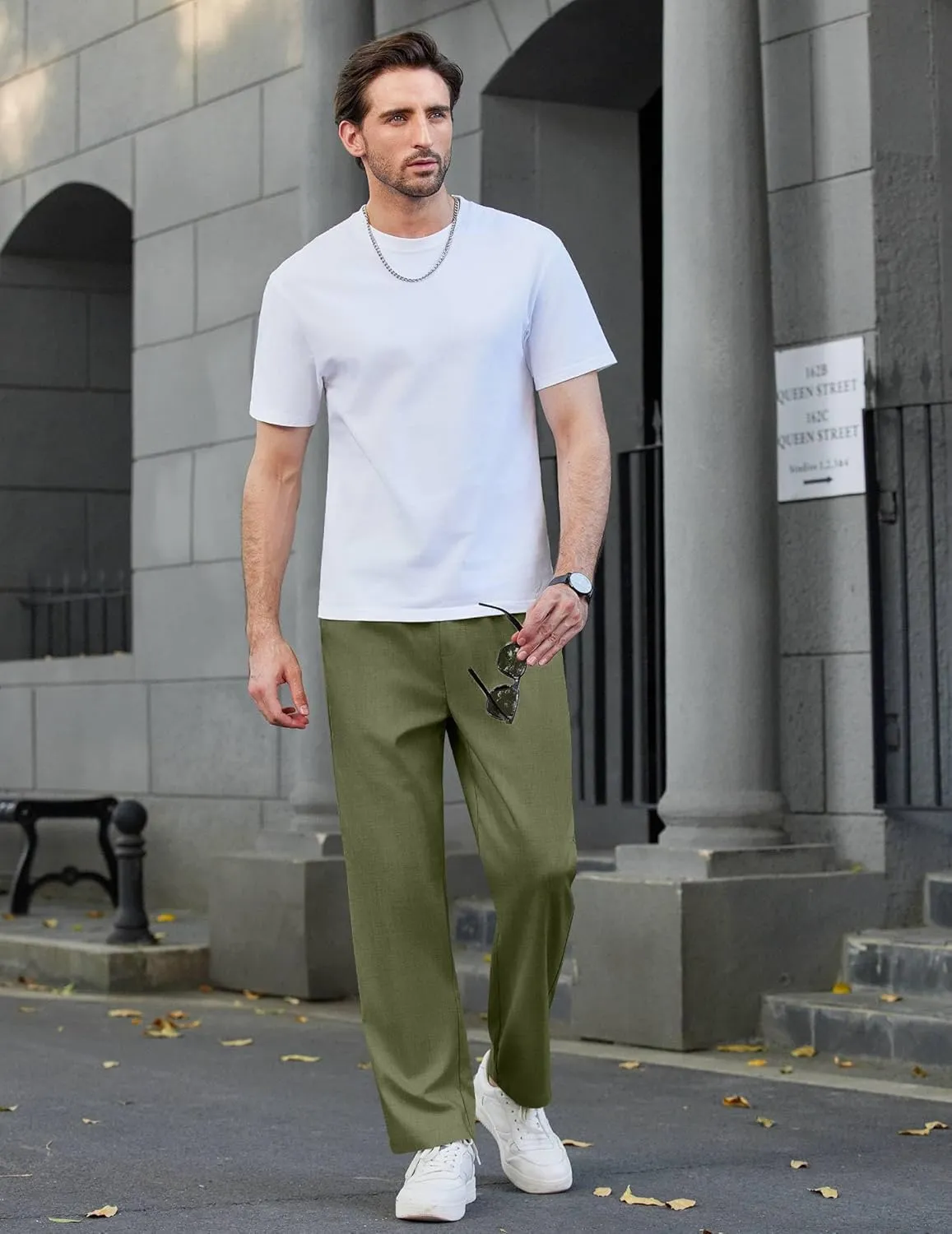 COOFANDY Mens Casual Elastic Waist Pants Drawstring Summer Beach Pant Lightweight Stretch Linen Trouser