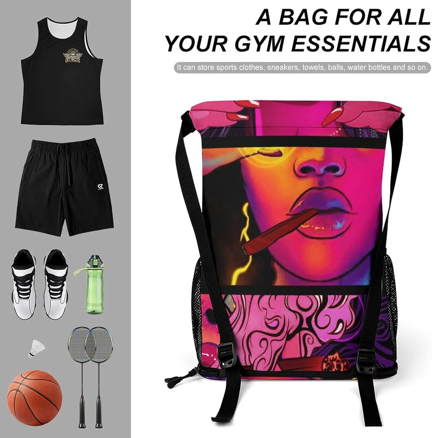 Cool Girl Psychedelic Art Sports Backpack with Large Mouth Design And Dry Wet Separation for Unisex