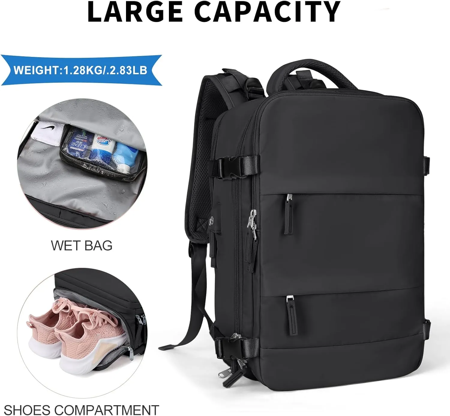 coowoz Large Travel Backpack For Women Men,Carry On Backpack Flight Approved,Hiking Backpack Waterproof Outdoor Sports Rucksack Casual Daypack Fit 15.6 Inch Laptop Shoes Compartment (Black)