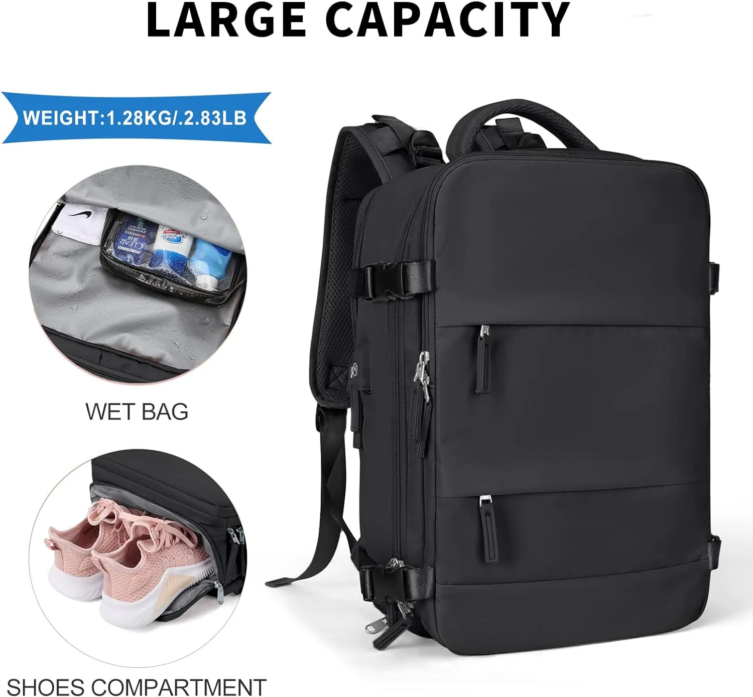 coowoz Large Travel Backpack For Women Men,Carry On Backpack Flight Approved,Hiking Backpack Waterproof Outdoor Sports Rucksack Casual Daypack Fit 15.6 Inch Laptop Shoes Compartment (Black)