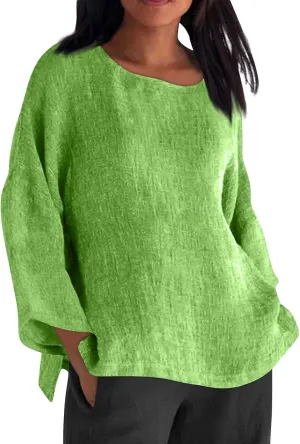 Cotton Linen Shirts for Women Long Sleeve Shirt Round Neck Casual Tunic Tops Basic Split Shirts Loose Fit 2025