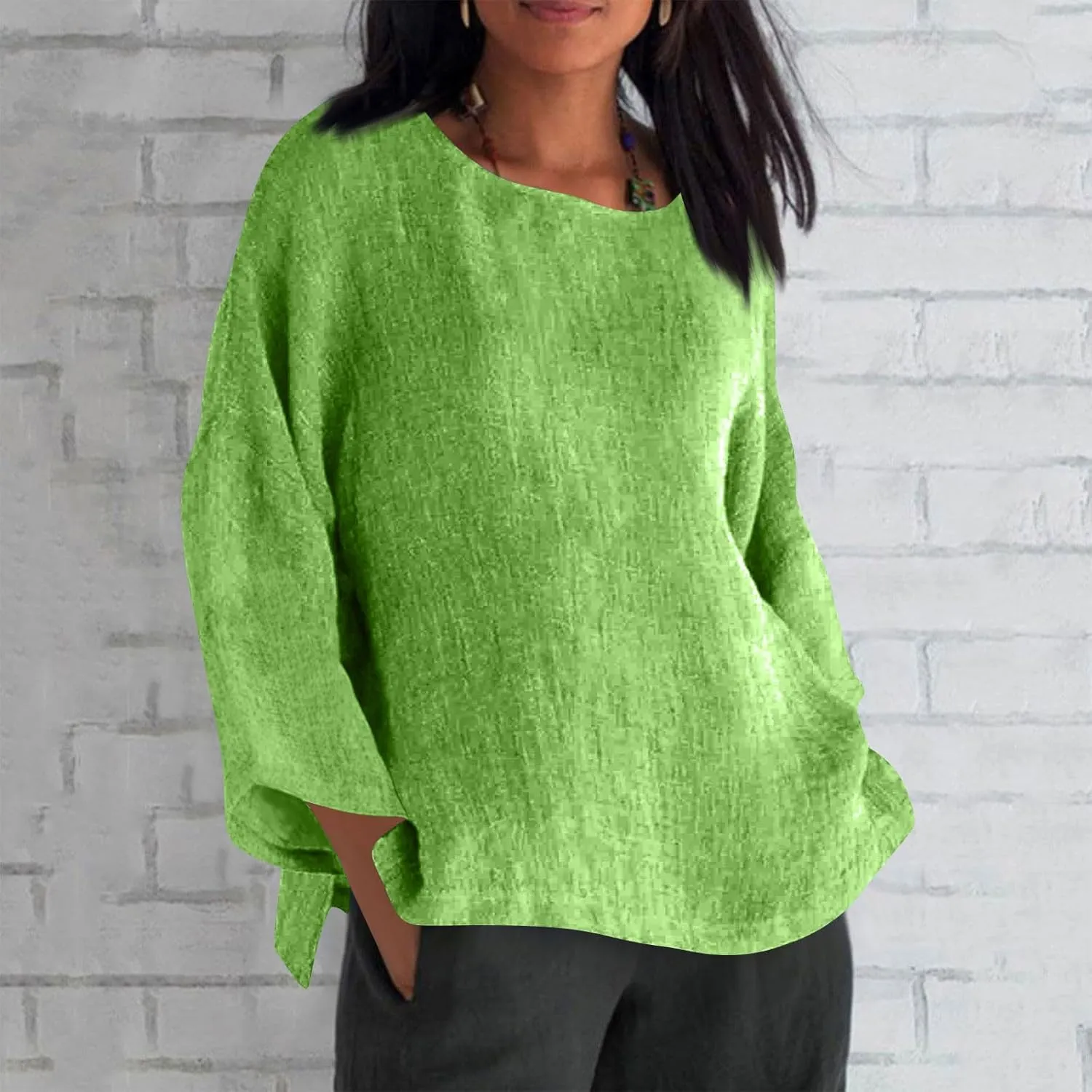 Cotton Linen Shirts for Women Long Sleeve Shirt Round Neck Casual Tunic Tops Basic Split Shirts Loose Fit 2025