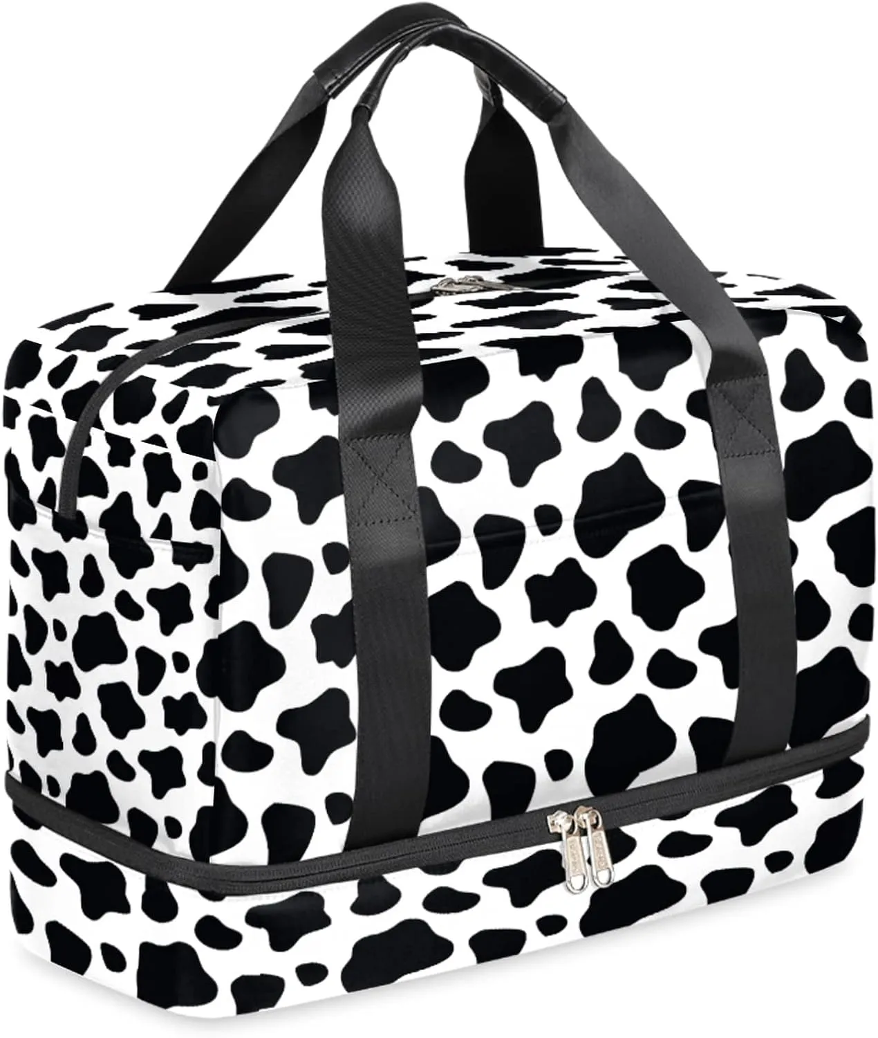 Cow Print Sports Gym Bag with Shoes Compartment,Black and White Travel Duffel Bag for Women Men Boys Girls Teens Overnight Weekend Yoga Workout Bag Training Handbag