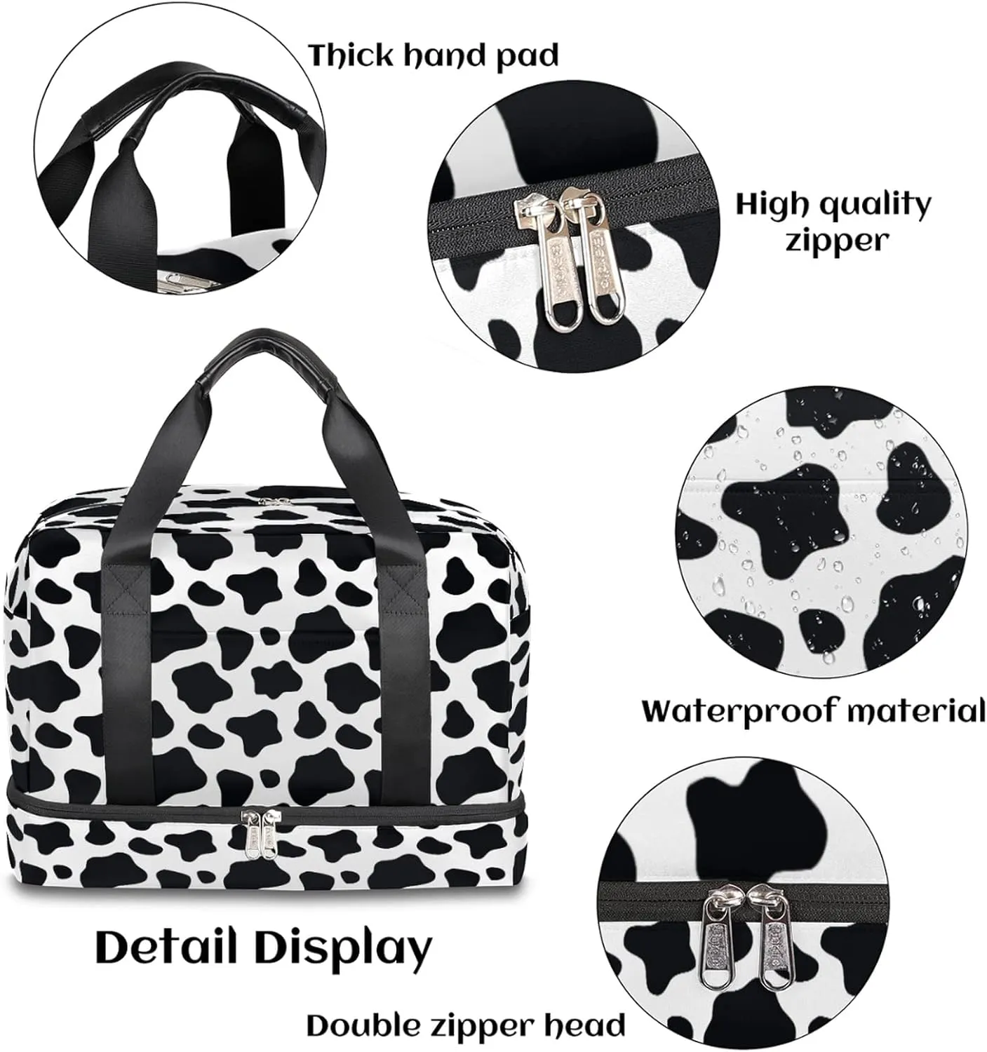 Cow Print Sports Gym Bag with Shoes Compartment,Black and White Travel Duffel Bag for Women Men Boys Girls Teens Overnight Weekend Yoga Workout Bag Training Handbag