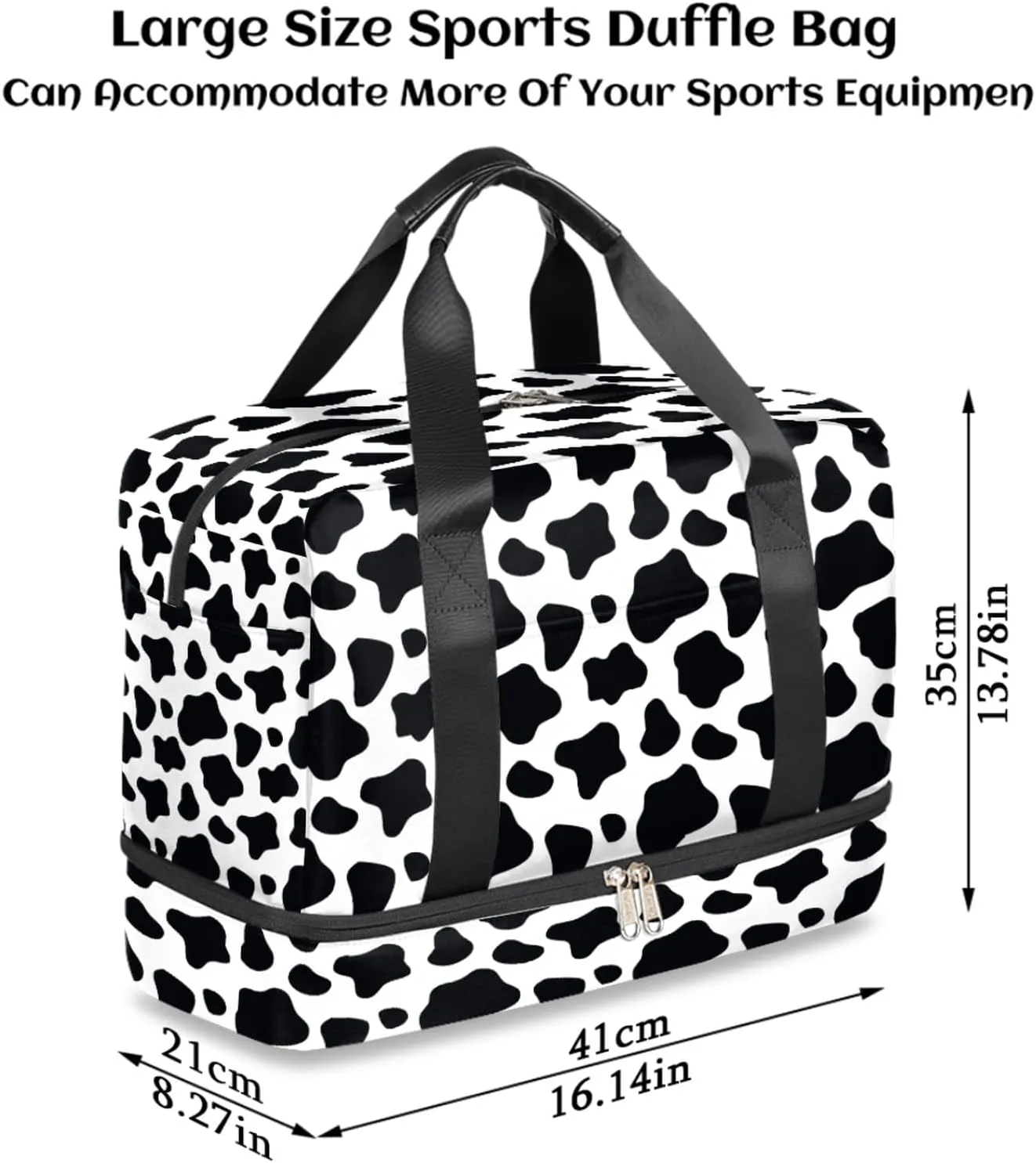 Cow Print Sports Gym Bag with Shoes Compartment,Black and White Travel Duffel Bag for Women Men Boys Girls Teens Overnight Weekend Yoga Workout Bag Training Handbag