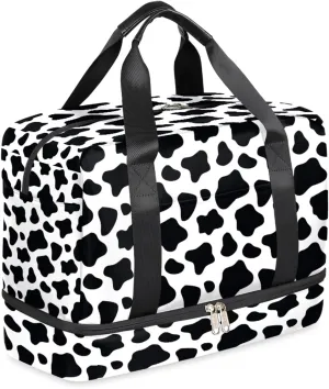 Cow Print Sports Gym Bag with Shoes Compartment,Black and White Travel Duffel Bag for Women Men Boys Girls Teens Overnight Weekend Yoga Workout Bag Training Handbag