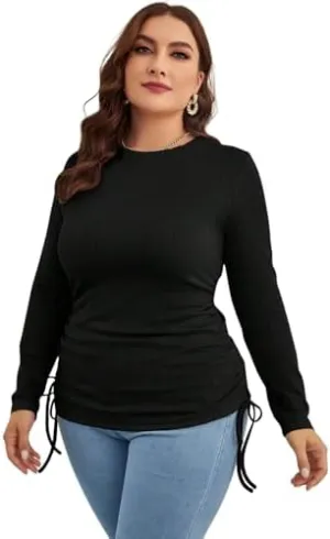 COZYEASE Women's Plus Size Drawstring Side Tee Knit Crewneck Top Long Sleeve Loose Black T Shirt Women