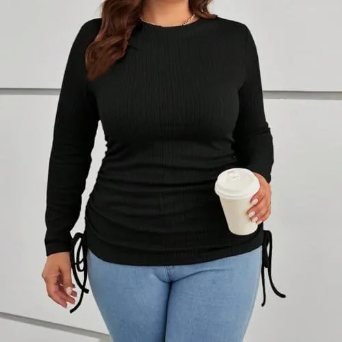 COZYEASE Women's Plus Size Drawstring Side Tee Knit Crewneck Top Long Sleeve Loose Black T Shirt Women