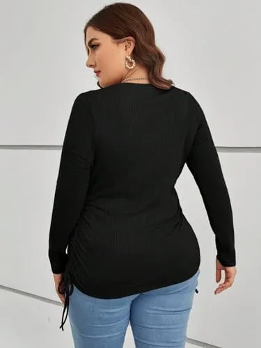 COZYEASE Women's Plus Size Drawstring Side Tee Knit Crewneck Top Long Sleeve Loose Black T Shirt Women