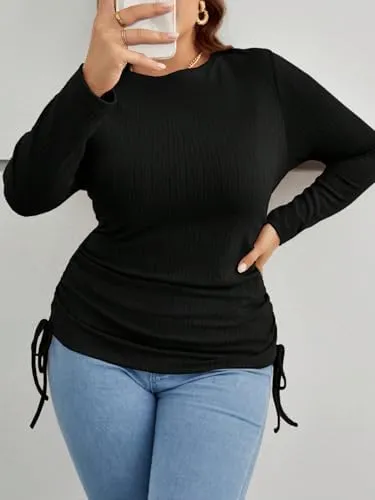 COZYEASE Women's Plus Size Drawstring Side Tee Knit Crewneck Top Long Sleeve Loose Black T Shirt Women