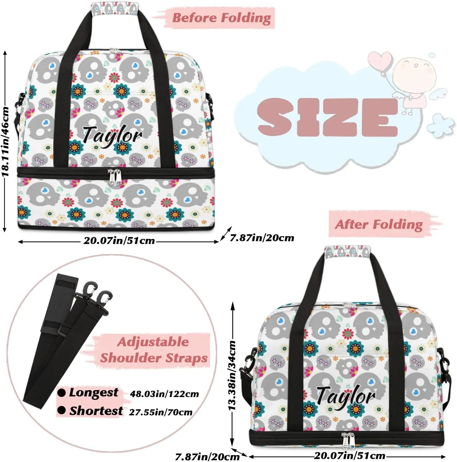 Customized Gym Bag for Women, Personalized Skull Design Travel Duffel Bag with Name, Skeleton Funny Skull Weekender Overnight Bag with Shoes Compartment for Men Travel Yoga