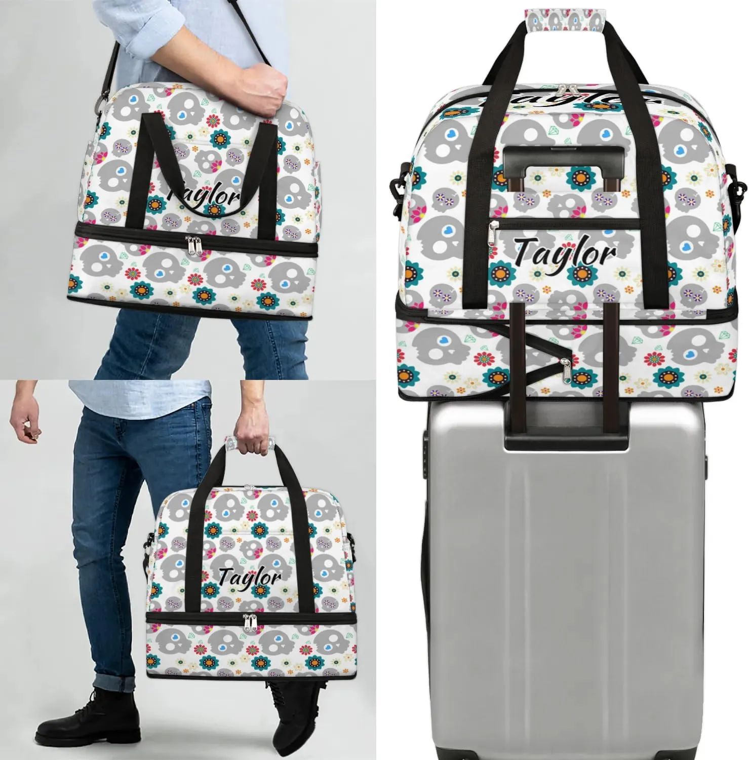 Customized Gym Bag for Women, Personalized Skull Design Travel Duffel Bag with Name, Skeleton Funny Skull Weekender Overnight Bag with Shoes Compartment for Men Travel Yoga