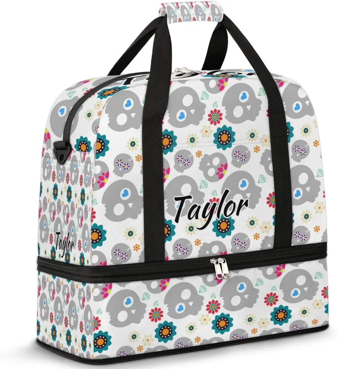 Customized Gym Bag for Women, Personalized Skull Design Travel Duffel Bag with Name, Skeleton Funny Skull Weekender Overnight Bag with Shoes Compartment for Men Travel Yoga