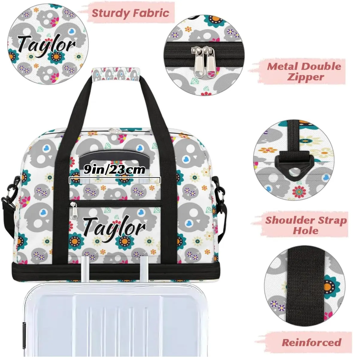 Customized Gym Bag for Women, Personalized Skull Design Travel Duffel Bag with Name, Skeleton Funny Skull Weekender Overnight Bag with Shoes Compartment for Men Travel Yoga