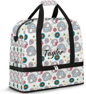 Customized Gym Bag for Women, Personalized Skull Design Travel Duffel Bag with Name, Skeleton Funny Skull Weekender Overnight Bag with Shoes Compartment for Men Travel Yoga