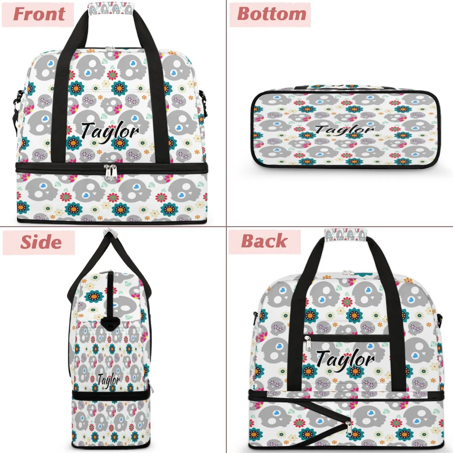 Customized Gym Bag for Women, Personalized Skull Design Travel Duffel Bag with Name, Skeleton Funny Skull Weekender Overnight Bag with Shoes Compartment for Men Travel Yoga