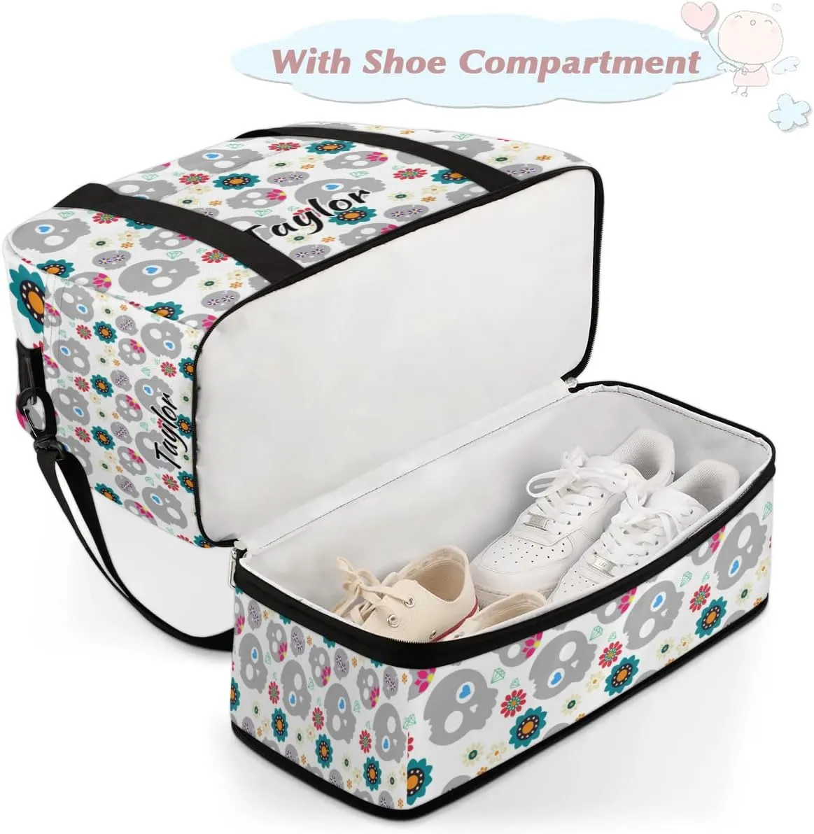 Customized Gym Bag for Women, Personalized Skull Design Travel Duffel Bag with Name, Skeleton Funny Skull Weekender Overnight Bag with Shoes Compartment for Men Travel Yoga