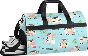 Cute Cow Print Sports Gym Bag for Women and Men Travel Duffel Bag Blue Overnight Shoulder Bag Waterproof Workout Bag Portable Sports Tote with Shoes Compartment