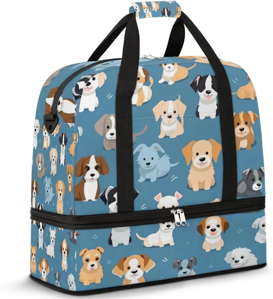 Cute Dog Travel Duffel Bag for Women Men, Puppy Pattern Sports Gym Bag with Shoes Compartment Foldable Overnight Bag Weekender Tote Workout Carry On Luggage Bag