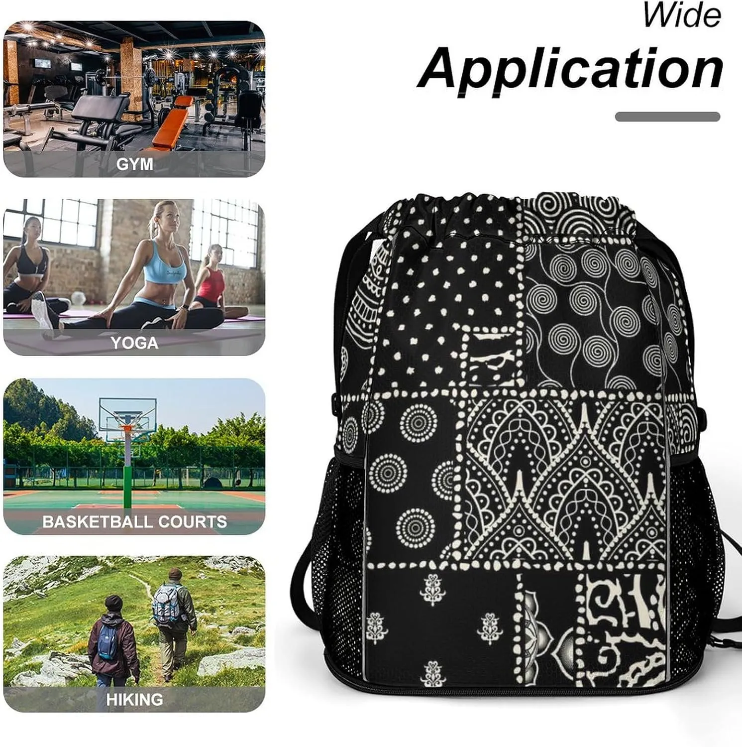 Cute Drawstring Bags Compatible with Black And White Paisley Gym Bag for Men Women Outdoor Swimming Cycling String Backpack with Zipper Pockets and Waterproof Compartment