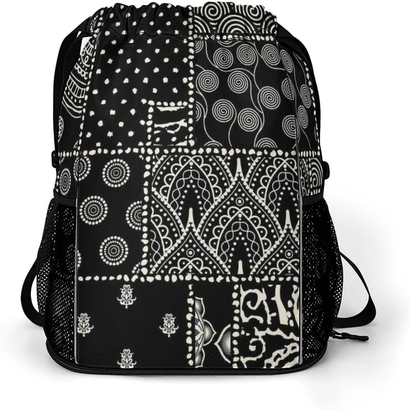Cute Drawstring Bags Compatible with Black And White Paisley Gym Bag for Men Women Outdoor Swimming Cycling String Backpack with Zipper Pockets and Waterproof Compartment