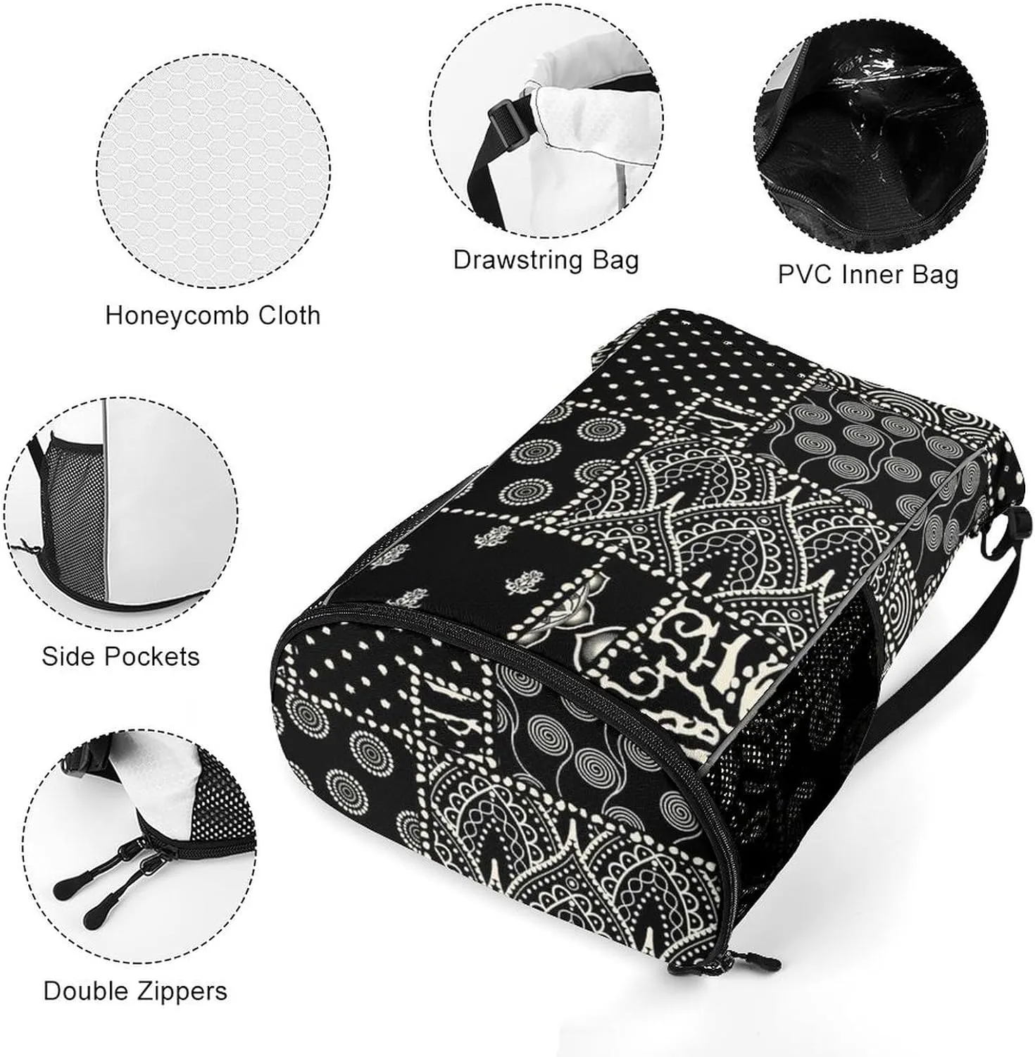 Cute Drawstring Bags Compatible with Black And White Paisley Gym Bag for Men Women Outdoor Swimming Cycling String Backpack with Zipper Pockets and Waterproof Compartment