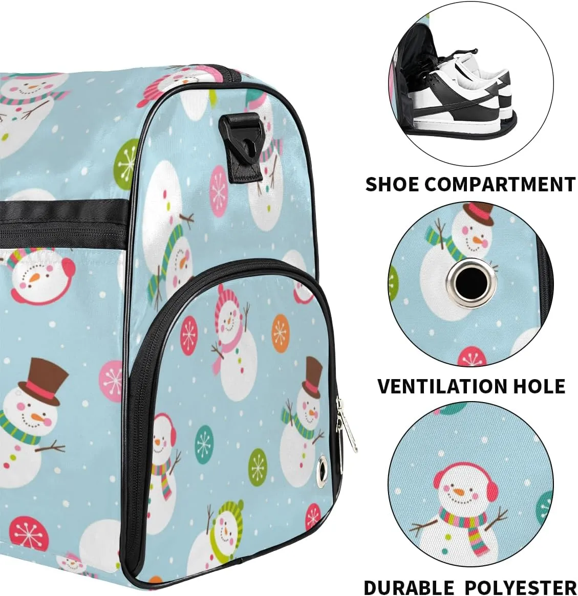 Cute Snowman Christmas Snowflakes Sports Gym Bag for Women Men Travel Duffel Bag with Wet Pocket & Shoes Compartment Waterproof Weekender Overnight Tote Carry on Bag Lightweight