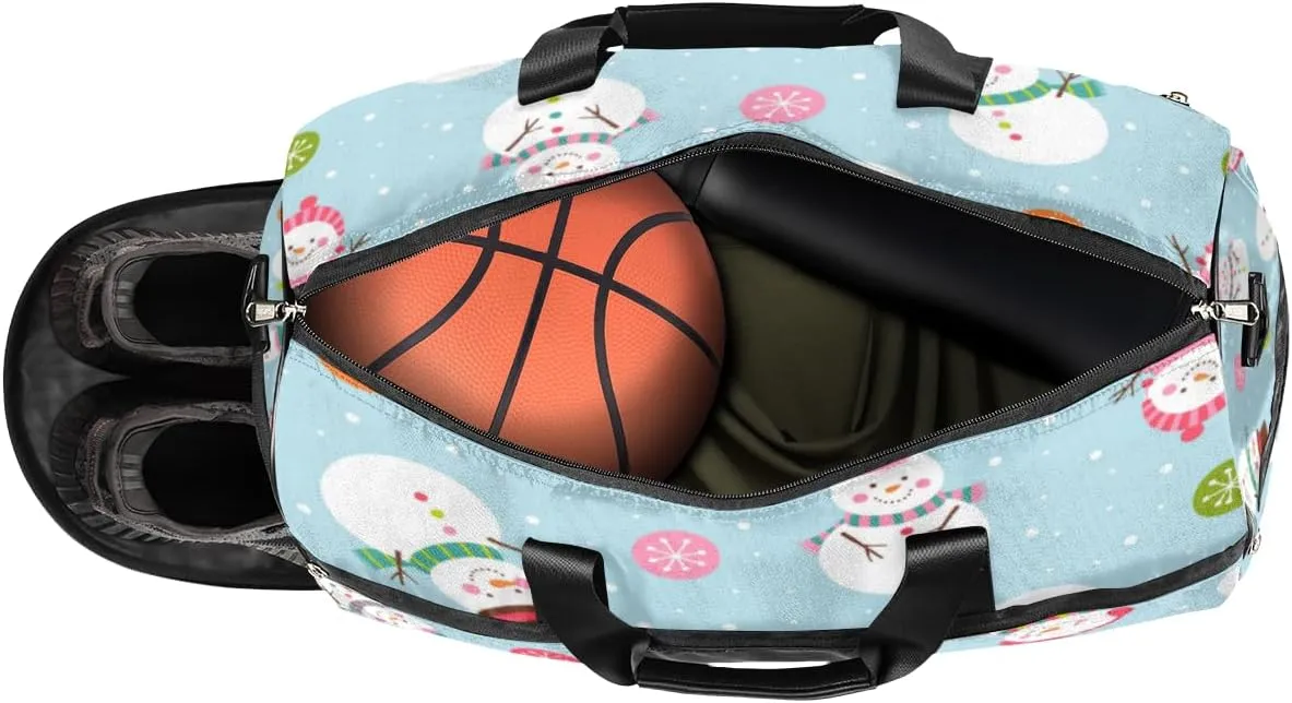 Cute Snowman Christmas Snowflakes Sports Gym Bag for Women Men Travel Duffel Bag with Wet Pocket & Shoes Compartment Waterproof Weekender Overnight Tote Carry on Bag Lightweight