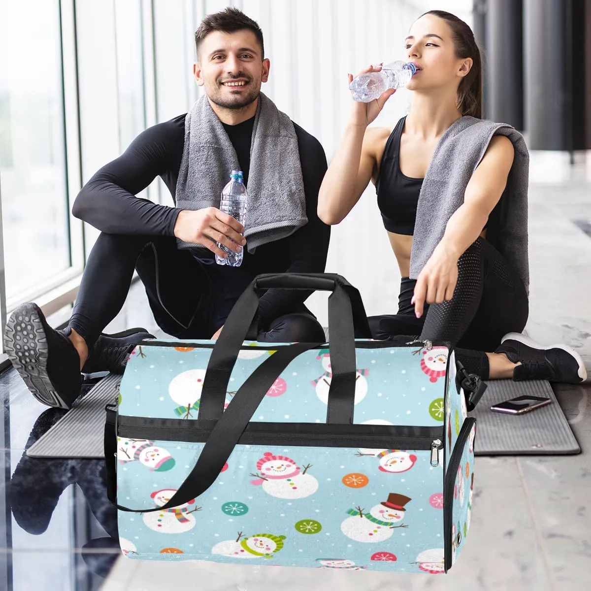Cute Snowman Christmas Snowflakes Sports Gym Bag for Women Men Travel Duffel Bag with Wet Pocket & Shoes Compartment Waterproof Weekender Overnight Tote Carry on Bag Lightweight