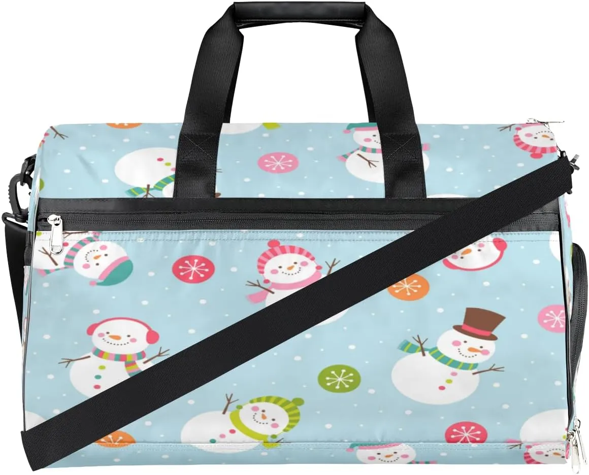 Cute Snowman Christmas Snowflakes Sports Gym Bag for Women Men Travel Duffel Bag with Wet Pocket & Shoes Compartment Waterproof Weekender Overnight Tote Carry on Bag Lightweight