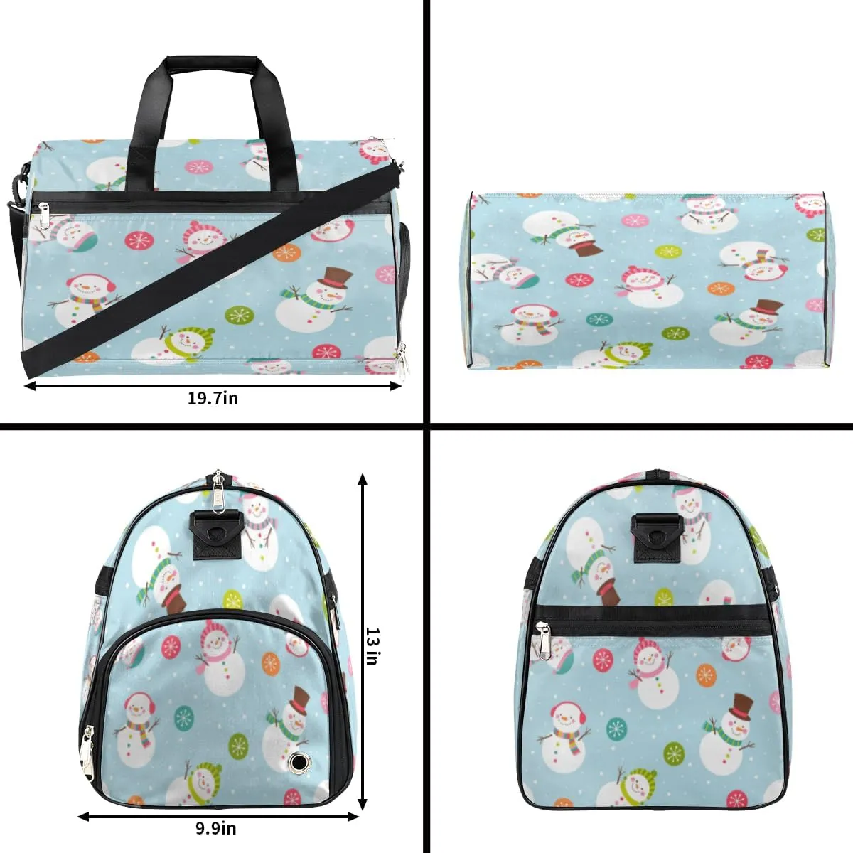 Cute Snowman Christmas Snowflakes Sports Gym Bag for Women Men Travel Duffel Bag with Wet Pocket & Shoes Compartment Waterproof Weekender Overnight Tote Carry on Bag Lightweight
