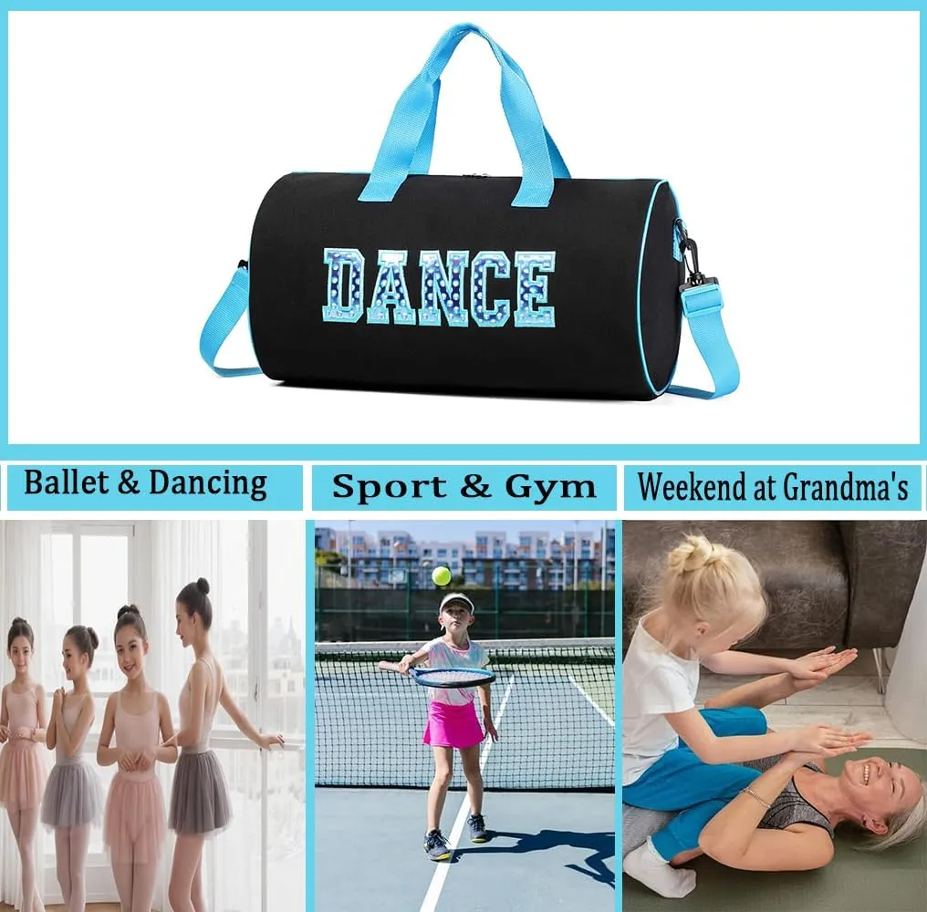 Dance Duffle Bag for Girls, Kids Toy Storage Bag,Weekend Bag,Overnight Bag,Gymnastics bag 17"Lx9"Wx9"H, Blue set-clear letter bag, Cute
