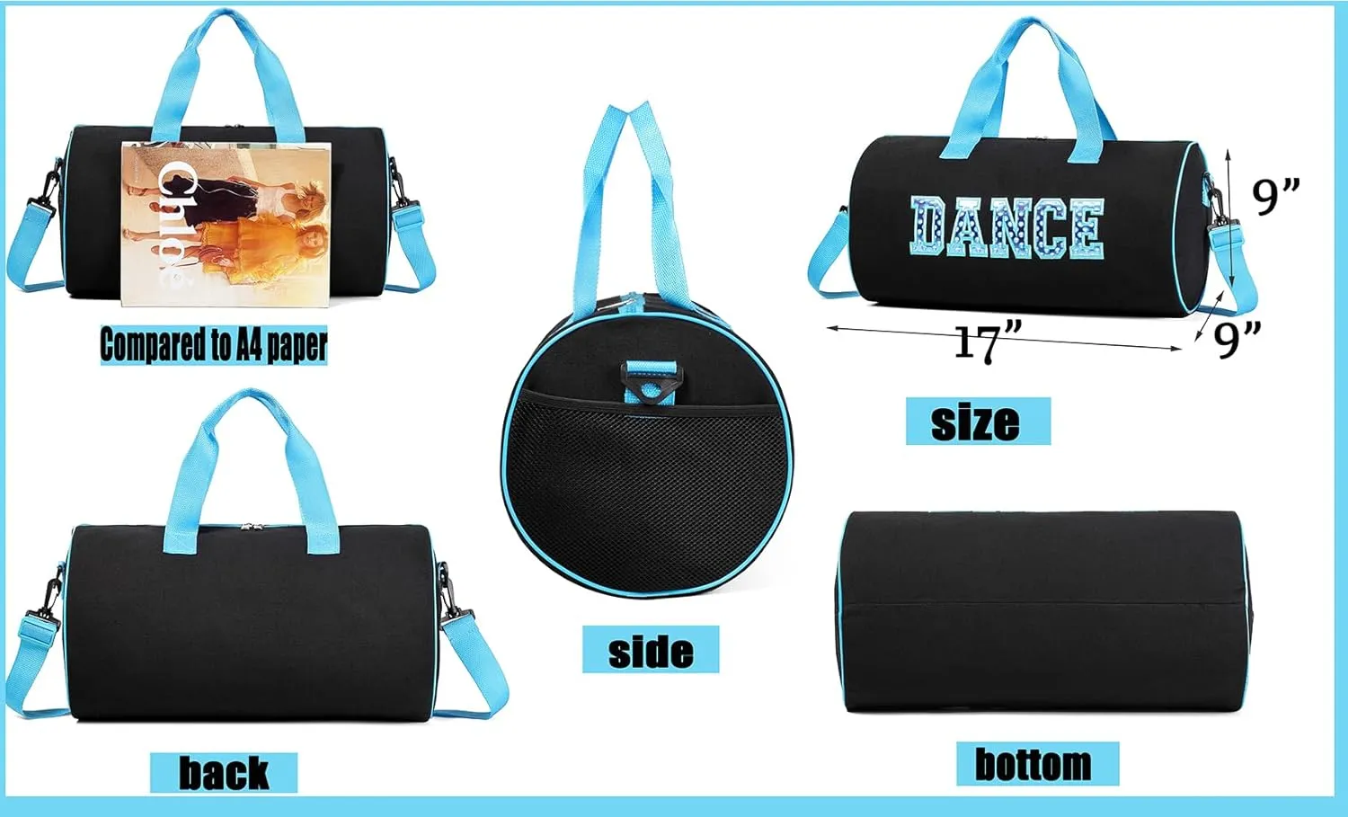 Dance Duffle Bag for Girls, Kids Toy Storage Bag,Weekend Bag,Overnight Bag,Gymnastics bag 17"Lx9"Wx9"H, Blue set-clear letter bag, Cute