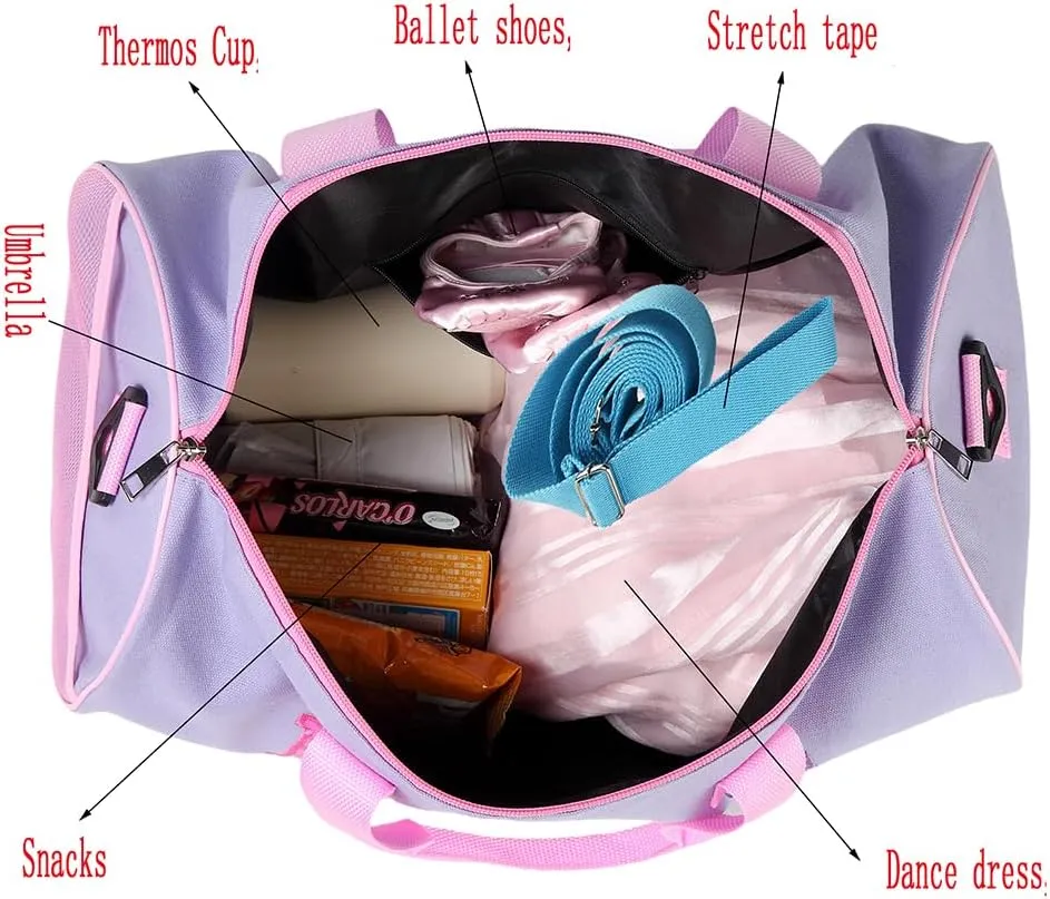 Dance Duffle Bag for Girls, Kids Toy Storage Bag,Weekend Bag,Overnight Bag,Gymnastics bag 17"Lx9"Wx9"H, Light purple, Cute
