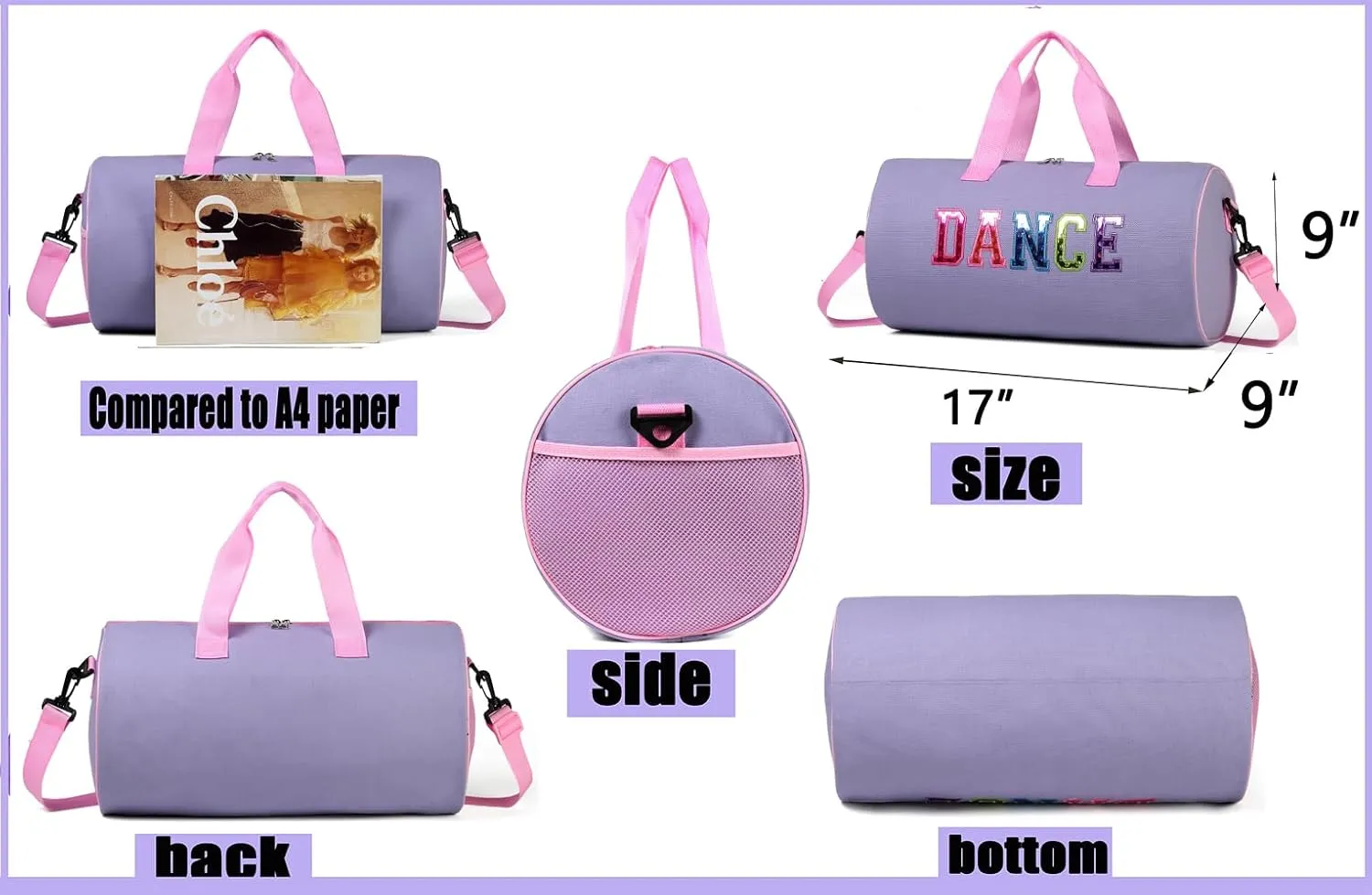Dance Duffle Bag for Girls, Kids Toy Storage Bag,Weekend Bag,Overnight Bag,Gymnastics bag 17"Lx9"Wx9"H, Light purple, Cute