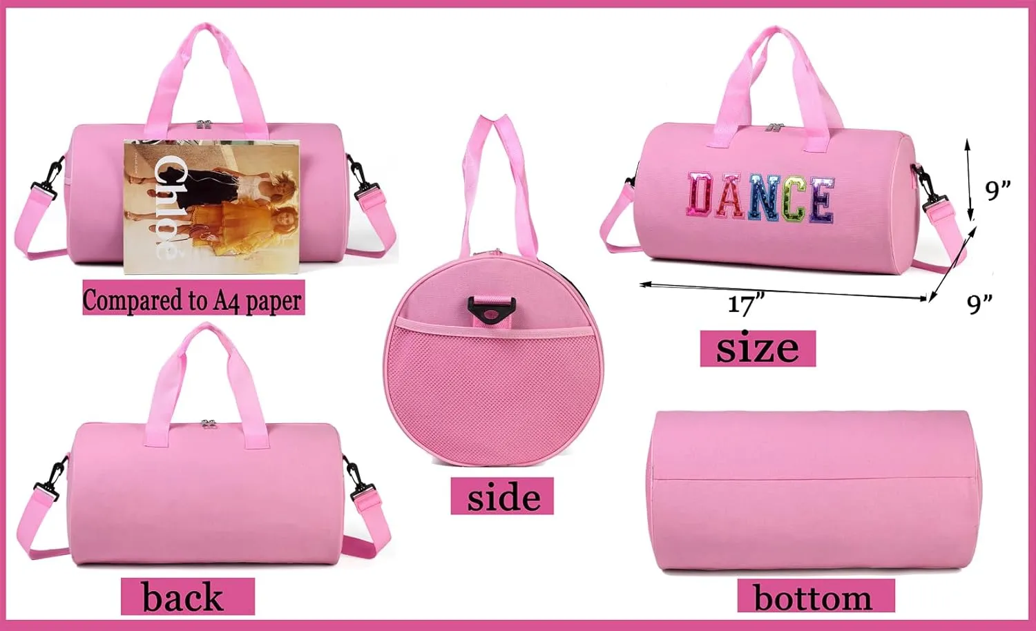 Dance Duffle Bag for Girls, Kids Toy Storage Bag,Weekend Bag,Overnight Bag,Gymnastics bag 17"Lx9"Wx9"H, Pink, Cute