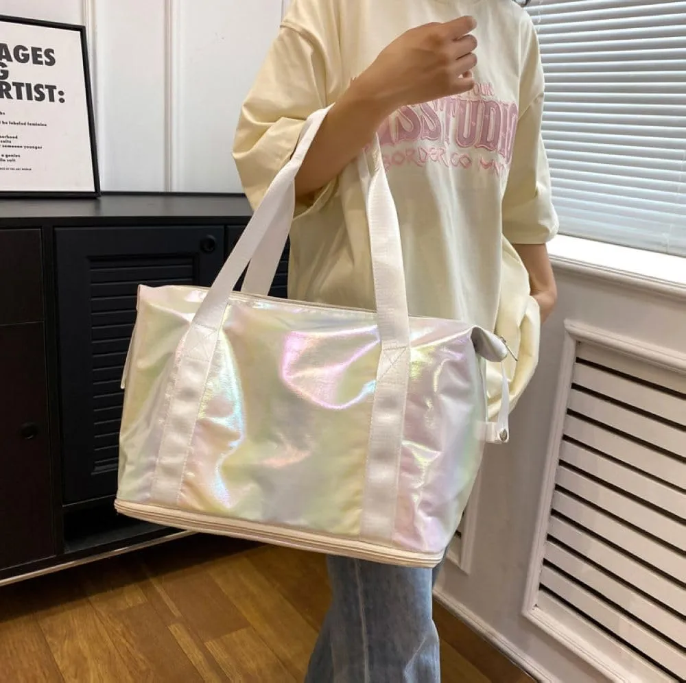 Dazzling Foldable Gym Bag for Women,Sports Travel Duffel Bag, Weekender Overnight Bag with Wet Pocket and Shoes Compartment for Women, Travel,Workout,Gym, Yoga G04 (Beige)
